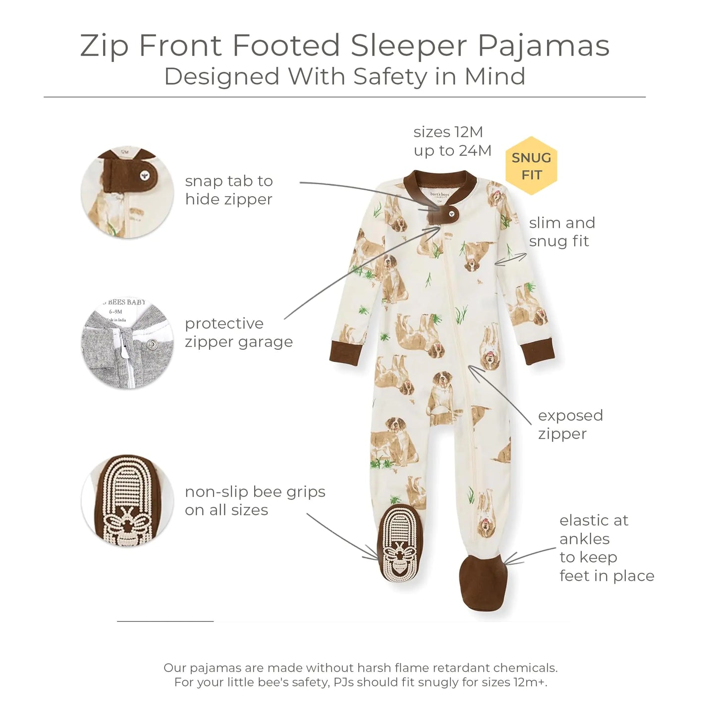 Burt's Bees Baby Pajamas, Zip-Front Non-Slip Unisex Footed Sleeper Pjs, Organic Cotton 18 Months St Bernard Dog 1